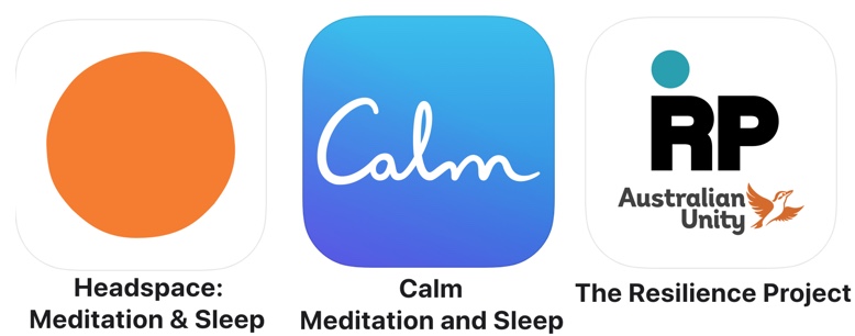 Images of apps Head Space, Calm and Resiliance Project