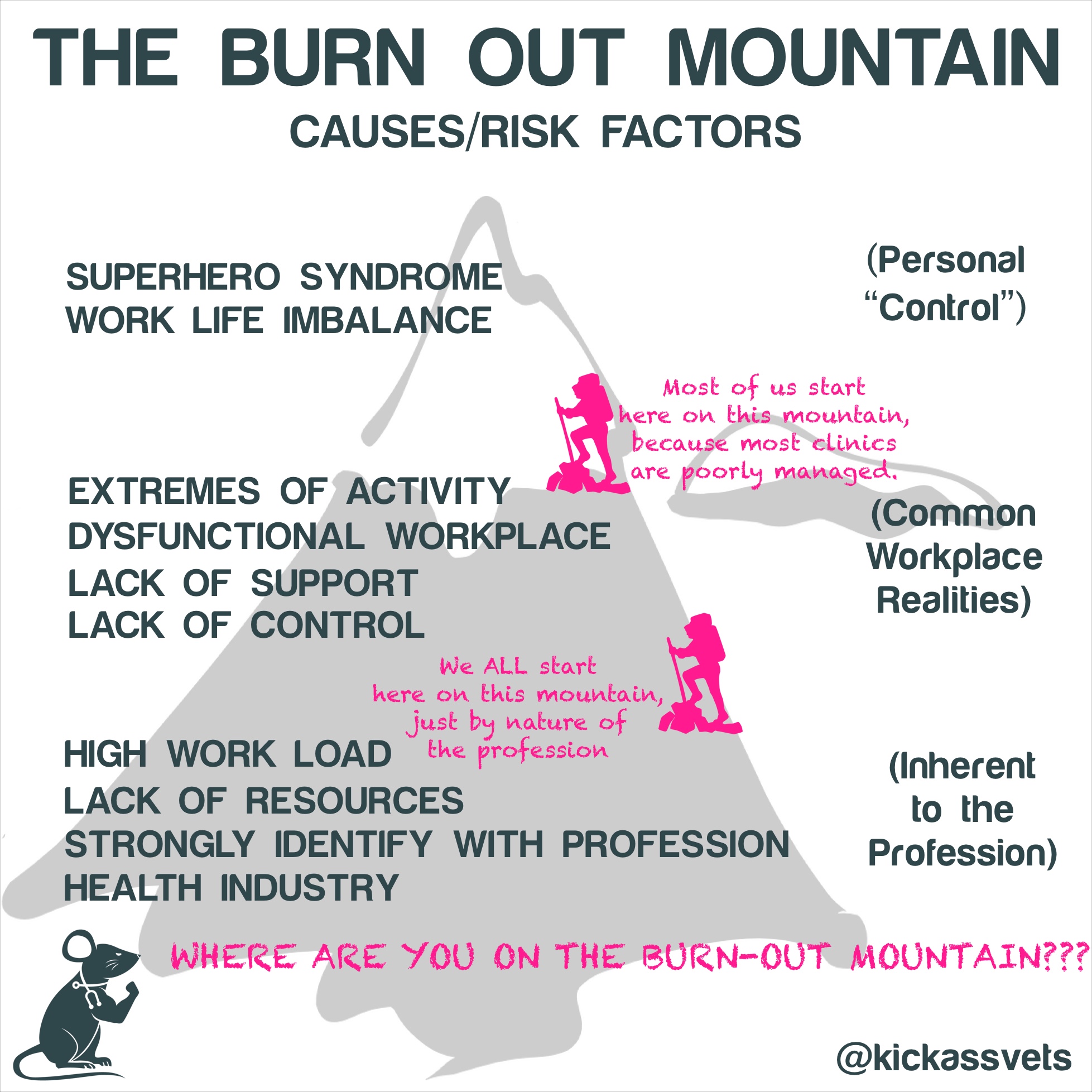 Depiction of the mountain of burnout, with all the risk factors showing that veterinary professionals are pre-disposed, by nature of our jobs, to burn out.