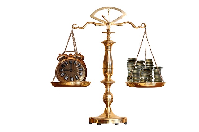 scale with a clock on one side, and money on the other.