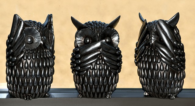 Owl statues hear no evil, speak no evil, see no evil. 