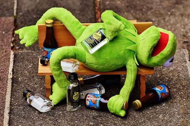 Kermit the frog passed out on a bench with bottles of liquor around him.
