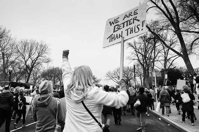 Woman protesting with sign 'We are better than this!'